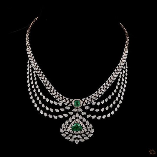 Multi-Layer Diamond Necklace with Emerald Centerpiece