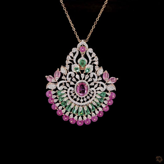 Natural Diamond Heritage Pendant with Emeralds & Pink Gemstones