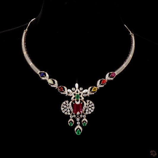Navratna Diamond Necklace in Nine Gemstone & Natural Diamond Choker Necklace
