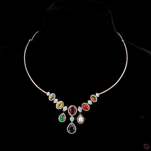 Navaratna Necklace Set in Gold with Natural Round Diamonds & Nine Gemstones