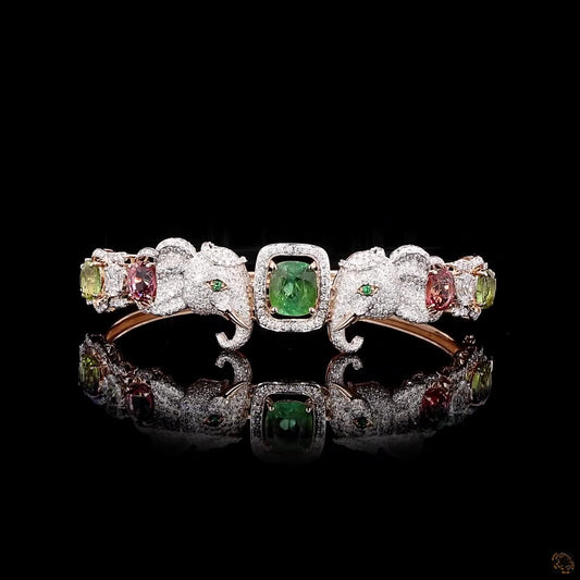 Elephant Motif Bracelet in Gold with Natural Round Diamonds, Ruby & Green Emerald
