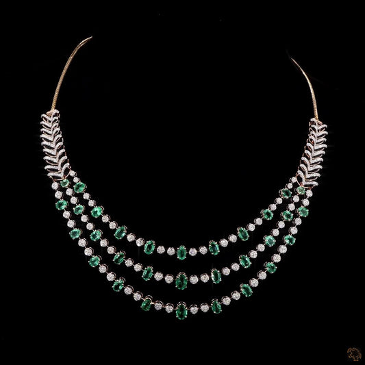 Natural Diamond & Emerald Three-Layer Necklace in Gold β Layered Diamond Emerald Necklace Set for Women