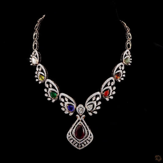 Navaratna Diamond Necklace in Gold with Natural Diamonds & Nine Precious Gemstones