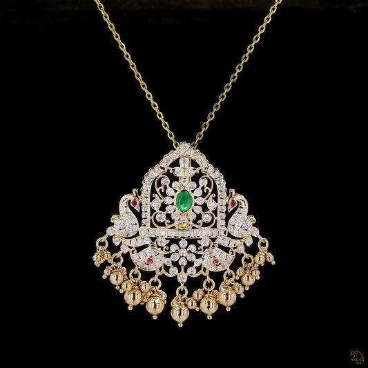 Temple-Style Peacock Pendant in Gold with Natural Diamonds, Emerald & Ruby
