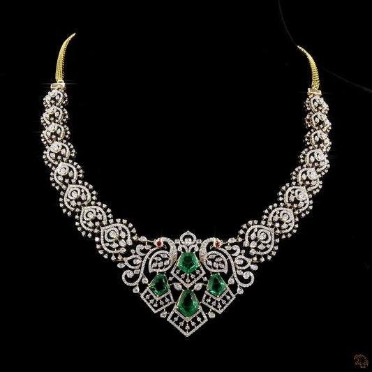Natural Diamond Emerald Necklace in 18K Gold | Peacock Motif Wedding Necklace