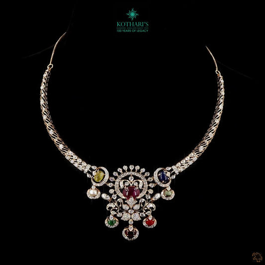 Gold Navratna Necklace with Natural Round Diamonds
