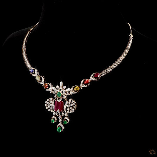 Navratna Diamond Necklace in Nine Gemstone & Natural Diamond Choker Necklace