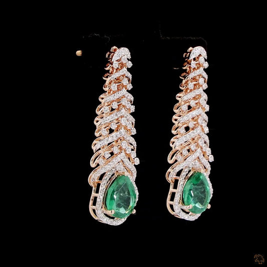 Peacock Feather Natural Diamond & Green Emerald Drop Earrings in Rose Gold – Necklace Set Earring