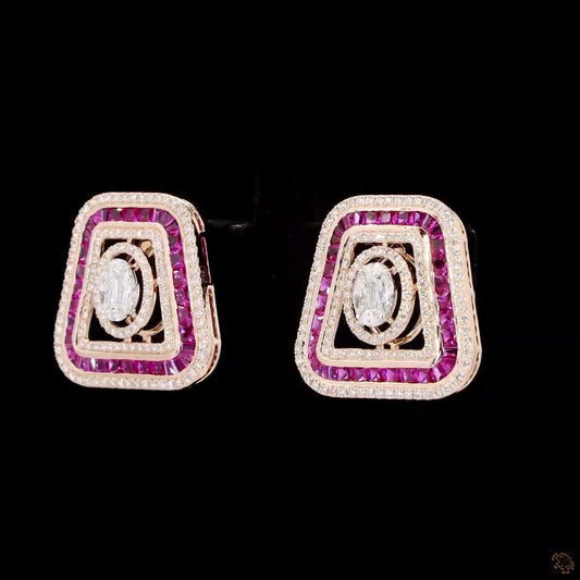 Natural Diamond & Ruby Trapezoid Stud Earrings in Gold | Marquise, Princess Cut & Round Diamond Earrings