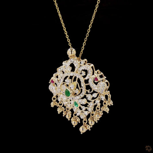 Bridal Gold Pendant with Natural Round Diamonds, Green Emerald & Ruby Accents
