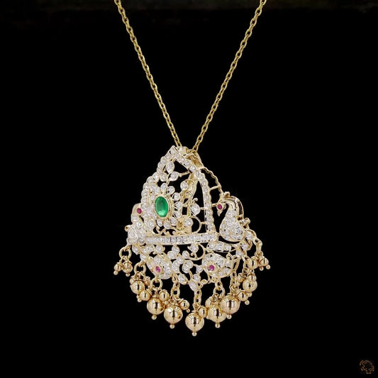 Temple-Style Peacock Pendant in Gold with Natural Diamonds, Emerald & Ruby