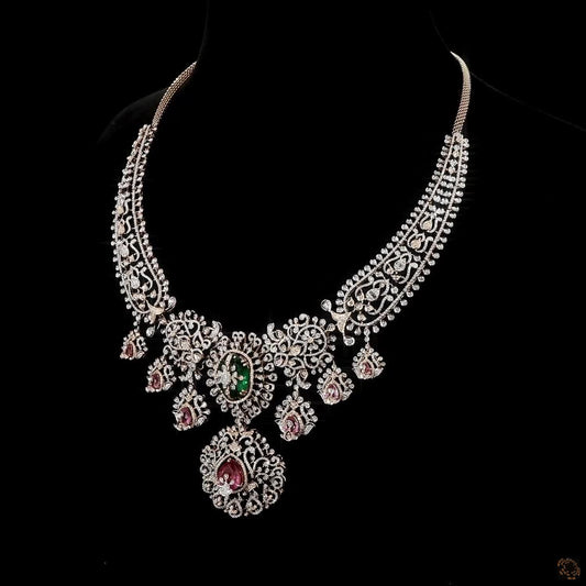 Antique Gold Diamond Necklace Set with Natural Emerald & Ruby Stones