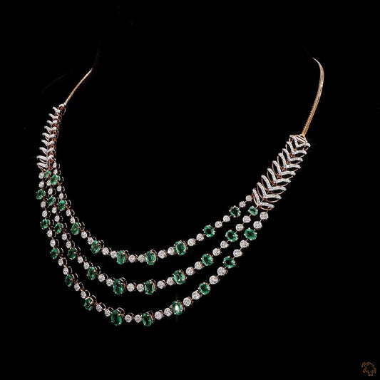 Natural Diamond & Emerald Three-Layer Necklace in Gold – Layered Diamond Emerald Necklace Set for Women