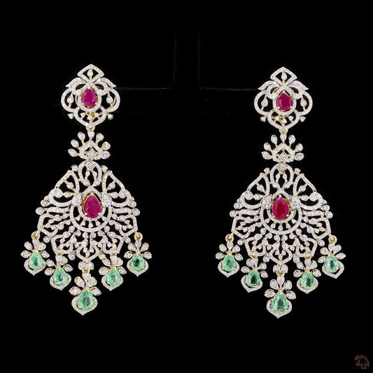 Emerald & Ruby Diamond Earrings in 18KT Yellow Gold