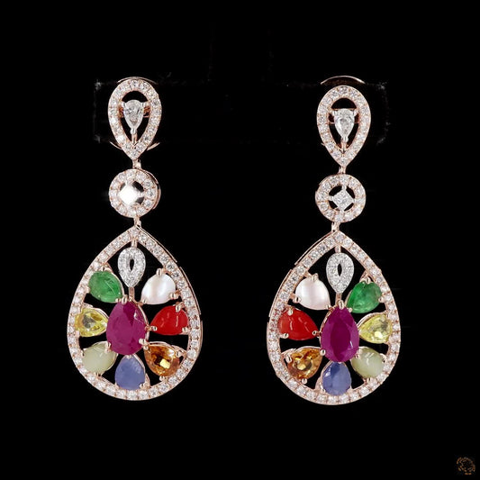 Navratna Stone Diamond Earrings in 18KT Rose Gold