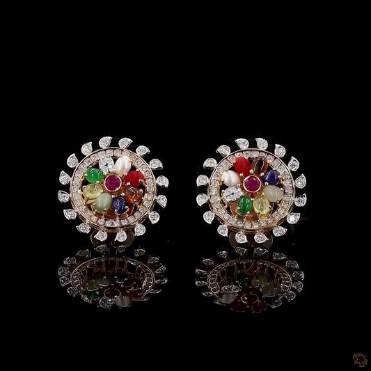Navratna Stone Diamond Earrings in 18KT Yellow Gold