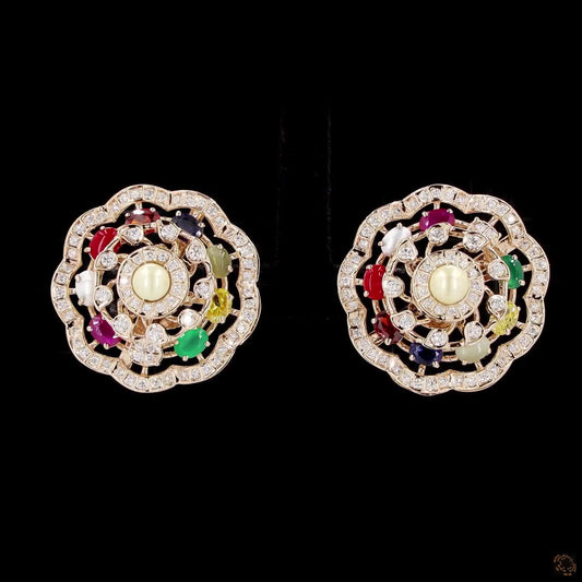 Navratna Stone & Pearl Diamond Earrings in 18KT Yellow Gold