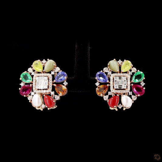 Navratna Stone Diamond Earrings in 18KT Rose Gold