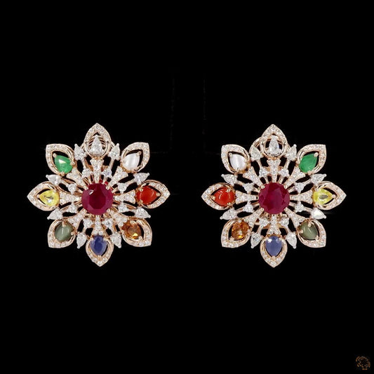 Navratna Stone Diamond Earrings in 18KT Rose Gold