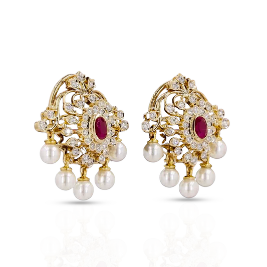 Traditional Ruby & Diamond Earrings with Pearl Drops
