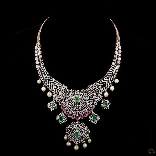Emerald & Ruby Diamond Necklace in 18KT Yellow Gold
