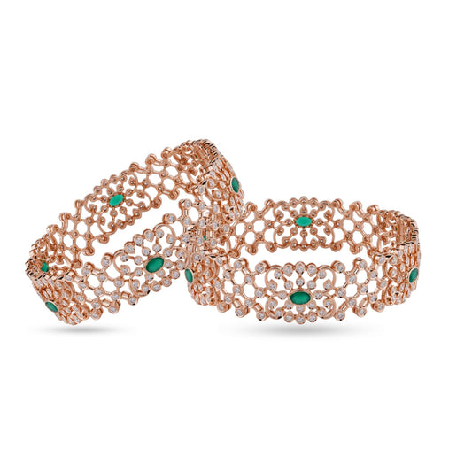 Emerald & Diamond Lace Bangle Pair in 18K Rose Gold