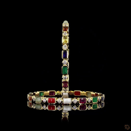 Navratna Stone Diamond Bangles in 18KT Yellow Gold