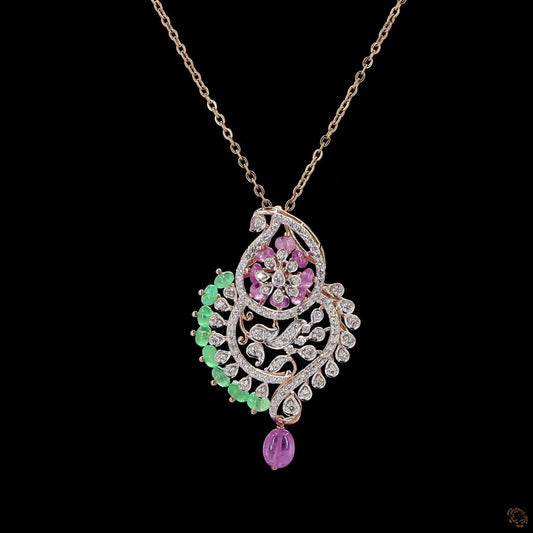 Emerald & Pink Stone Diamond Pendant in 18KT Yellow Gold