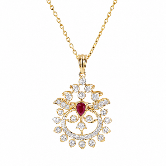 1.40 CTW Natural Diamond Statement Pendant | 18K Yellow Gold | Genuine Ruby
