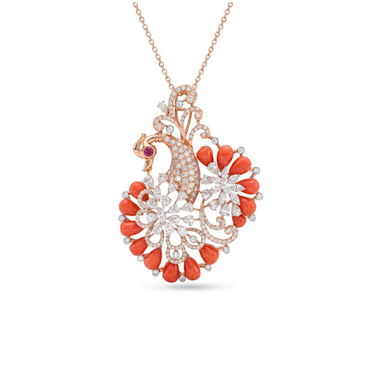 Peacock Coral & Diamond Pendant in 18K Rose Gold