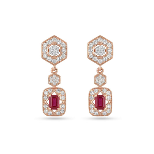 Ruby & Diamond Hexagon Drop Earrings in 18K Rose Gold