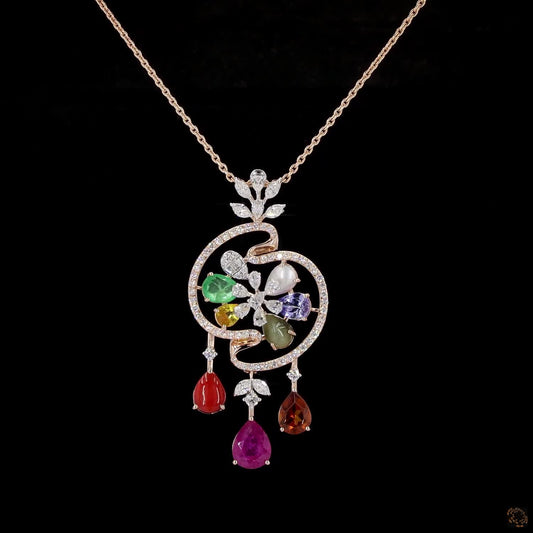 Navratna Stone & Navratna Stone Diamond Pendant Set in 18KT Yellow Gold