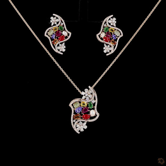 Navratna Stone & Navratna Stone Diamond Pendant Set in 18KT Rose Gold