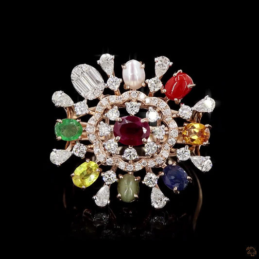 Navratna Stone Diamond Ring in 18KT Rose Gold