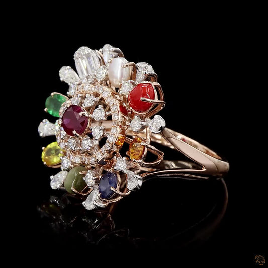 Navratna Stone Diamond Ring in 18KT Rose Gold