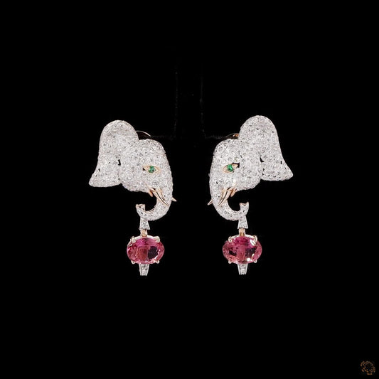 Elephant Diamond Drop Earrings in Gold | Natural Round Diamond & Pink Gemstone Necklace Set Earrings