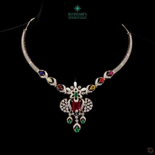 Navratna Diamond Necklace in Nine Gemstone & Natural Diamond Choker Necklace