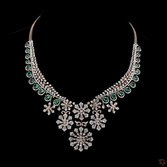 Fancy Cut Diamond Floral Necklace with Emerald Accents