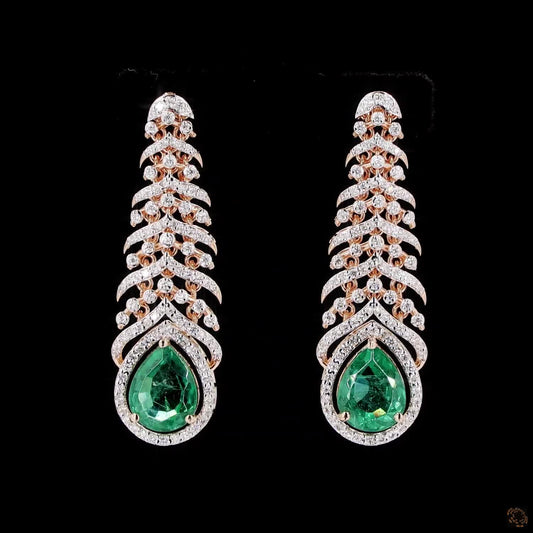 Peacock Feather Natural Diamond & Green Emerald Drop Earrings in Rose Gold – Necklace Set Earring