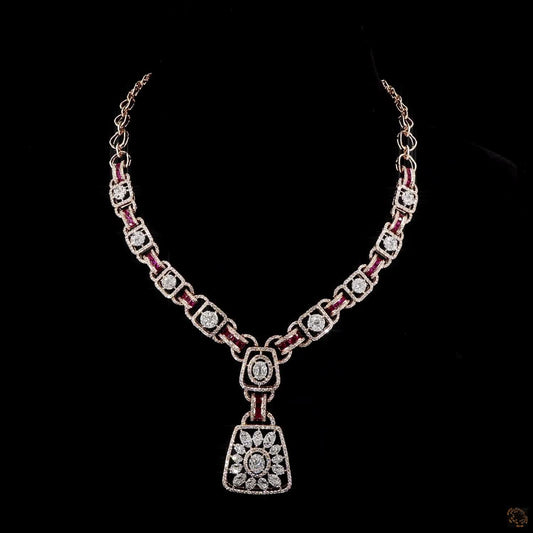 Rose Gold Natural Diamond & Ruby Necklace Set | Round, Marquise & Princess Cut Diamond Necklace