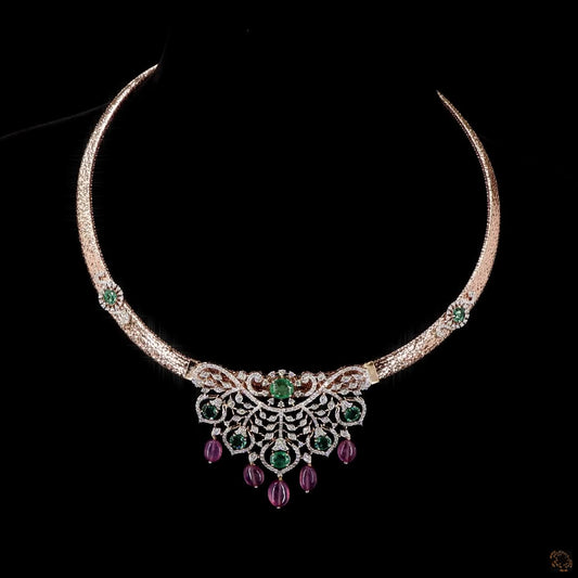 Diamond Necklace with Natural Emeralds & Pink Tourmaline Drops