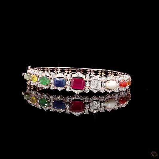 Navaratna Bracelet in Gold with Natural Round Diamonds & Nine Precious Gemstones