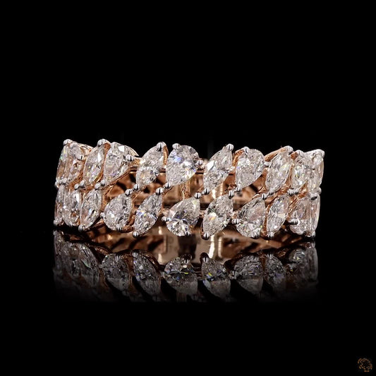 Natural Pear & Marquise Cut Diamond Double-Row Band Ring in Rose Gold