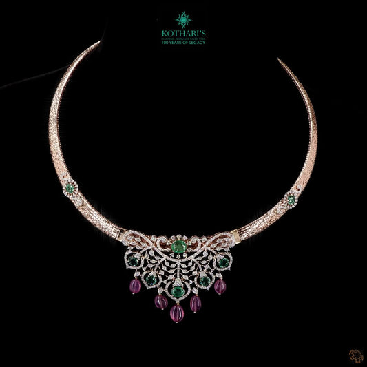 Diamond Necklace with Natural Emeralds & Pink Tourmaline Drops
