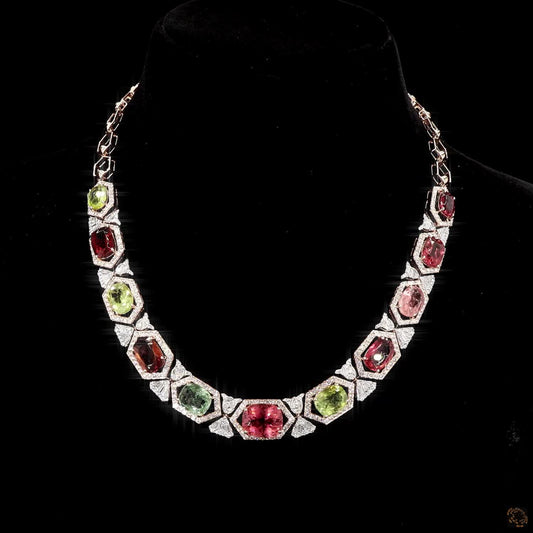 Navaratna Diamond Necklace in Rose Gold | Natural Round Diamond Hexagon Collar Necklace Set