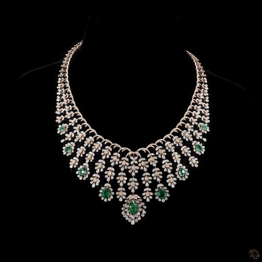 Natural Round Diamond & Emerald Cascading Bib Necklace