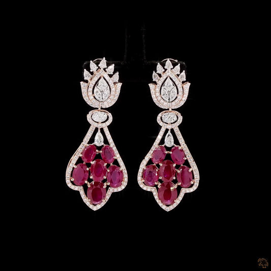 Ruby Diamond Drop Earrings in Rose Gold | Natural Round Diamond Lotus Necklace Set Earrings
