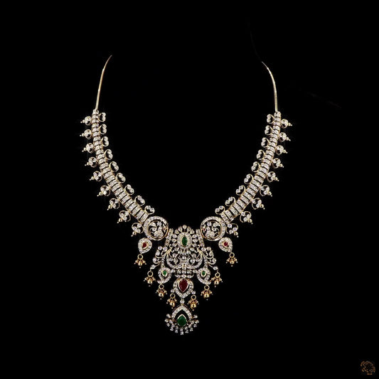 Diamond Necklace with Emerald & Ruby Accents, South Indian Temple Design