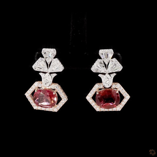 Ruby Diamond Earrings in Rose Gold | Natural Round Diamond Hexagon Necklace Set Earrings