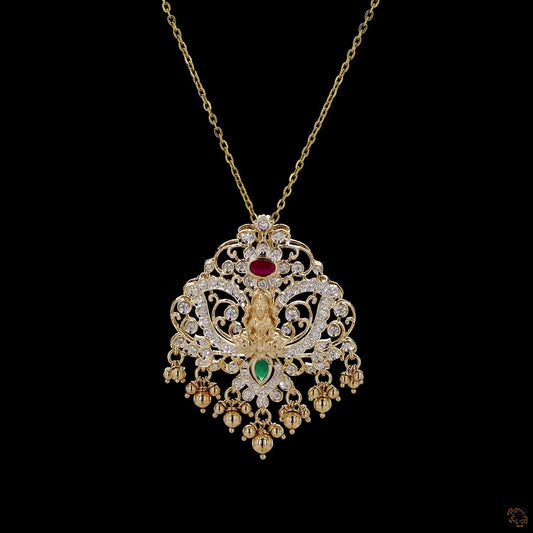 Natural Round Diamond Laxmi Pendant with Ruby & Emerald | Antique Temple Jewelry